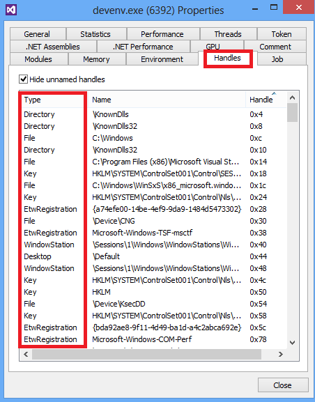 Figure 1: Most applications (pictured here is Process Hacker) refer to kernel objects as handles, although strictly speaking, handles are pointers to kernel objects.