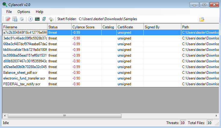 CylanceV detecting samples