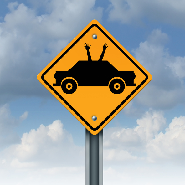 Autonomous driving concept and driverless car safety system symbol as a road traffic sign as an automobile icon with human hands and arms waving up to the sky as a metaphor for hands free autopilot transportation technology.