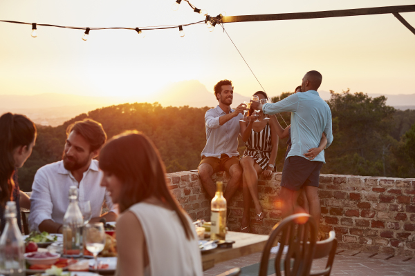 Friends toasting wine glasses during dinner party