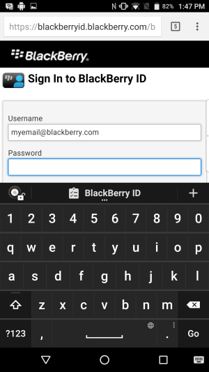 Screenshot showing how the autofill toolbar appears above the BlackBerry Keyboard on a login screen