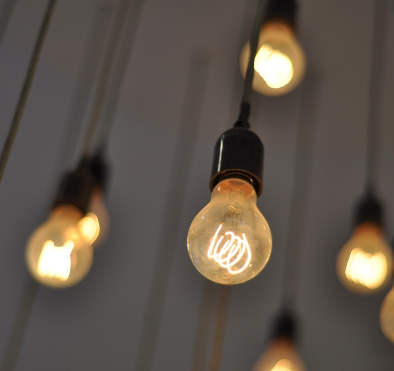 Collection of vintage looking light bulbs hanging with ropes.