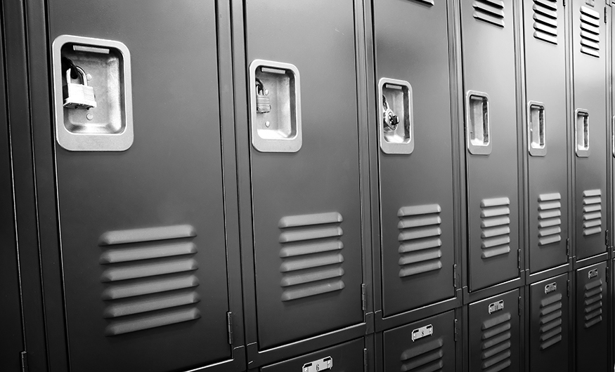 A row of locked starage lockers horizontal composition