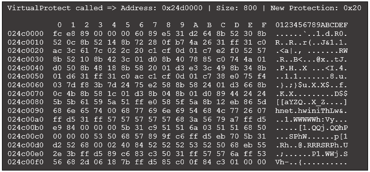 Figure 12: Excerpt of revised VirtualProtect output with hexdump