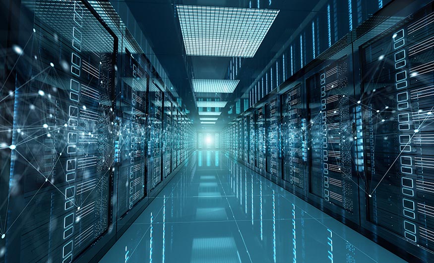 Connection network in dark servers data center room storage systems 3D rendering