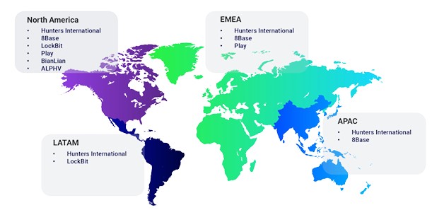 Map showing various ransomware groups and where they focus their attacks.